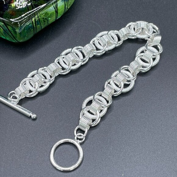 Sterling Silver 925 Double Loop Textured Chain Bracelet #1354B - Picture 1 of 8